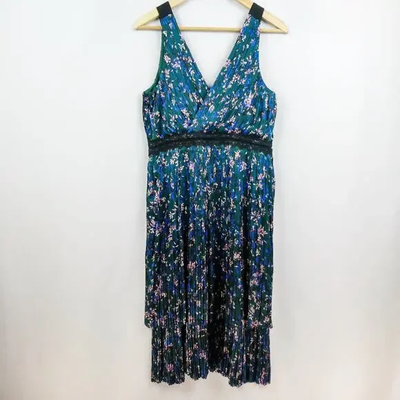 Banana Republic Sleeveless Micro Pleat Dress Sz 8 Petite Green Blue Floral Midi - Picture 8 of 13